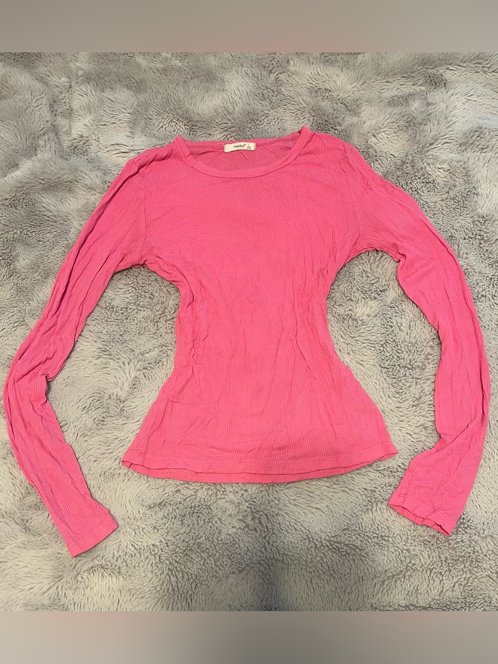 Timing Hot Pink Ribbed Long-Sleeve Fitted Women's Top